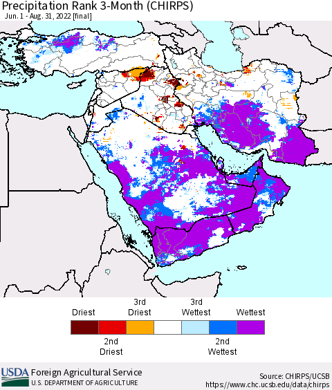 Middle East and Turkey Precipitation Rank since 1981, 3-Month (CHIRPS) Thematic Map For 6/1/2022 - 8/31/2022