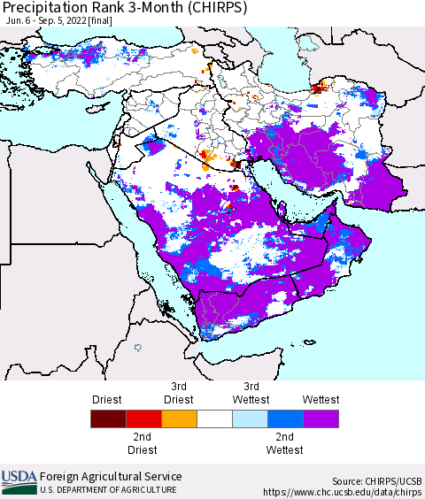 Middle East and Turkey Precipitation Rank since 1981, 3-Month (CHIRPS) Thematic Map For 6/6/2022 - 9/5/2022