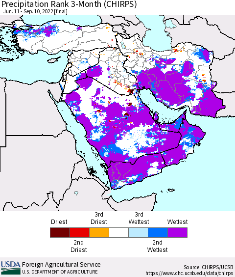 Middle East and Turkey Precipitation Rank since 1981, 3-Month (CHIRPS) Thematic Map For 6/11/2022 - 9/10/2022