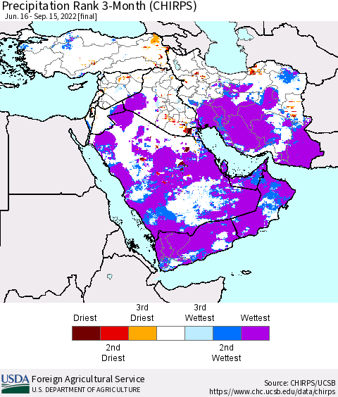 Middle East and Turkey Precipitation Rank since 1981, 3-Month (CHIRPS) Thematic Map For 6/16/2022 - 9/15/2022