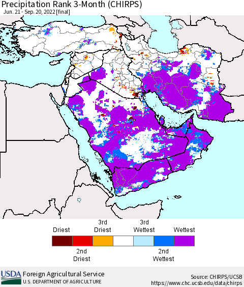 Middle East and Turkey Precipitation Rank since 1981, 3-Month (CHIRPS) Thematic Map For 6/21/2022 - 9/20/2022