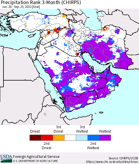 Middle East and Turkey Precipitation Rank since 1981, 3-Month (CHIRPS) Thematic Map For 6/26/2022 - 9/25/2022