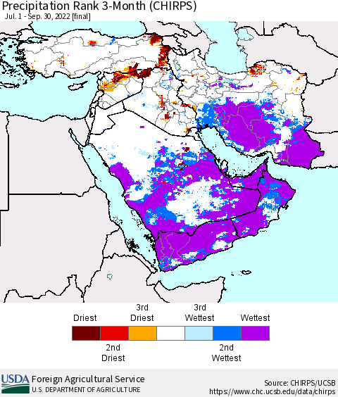 Middle East and Turkey Precipitation Rank since 1981, 3-Month (CHIRPS) Thematic Map For 7/1/2022 - 9/30/2022