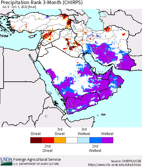 Middle East and Turkey Precipitation Rank since 1981, 3-Month (CHIRPS) Thematic Map For 7/6/2022 - 10/5/2022