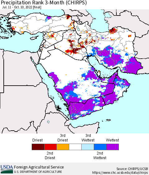 Middle East and Turkey Precipitation Rank since 1981, 3-Month (CHIRPS) Thematic Map For 7/11/2022 - 10/10/2022