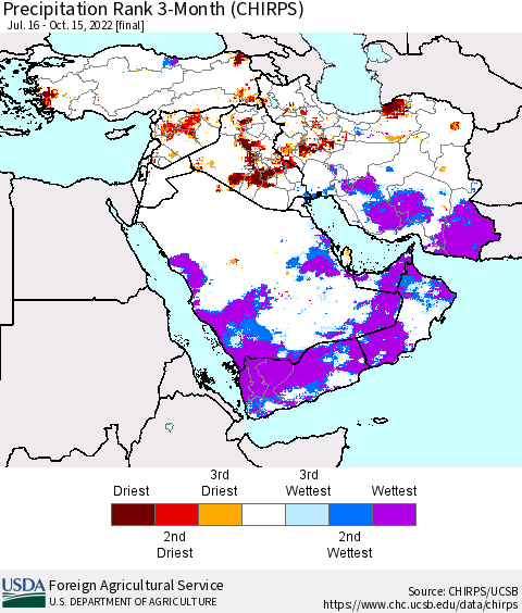 Middle East and Turkey Precipitation Rank since 1981, 3-Month (CHIRPS) Thematic Map For 7/16/2022 - 10/15/2022