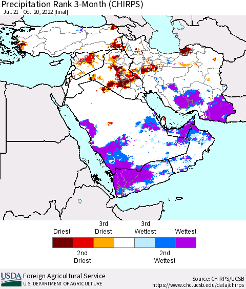 Middle East and Turkey Precipitation Rank since 1981, 3-Month (CHIRPS) Thematic Map For 7/21/2022 - 10/20/2022