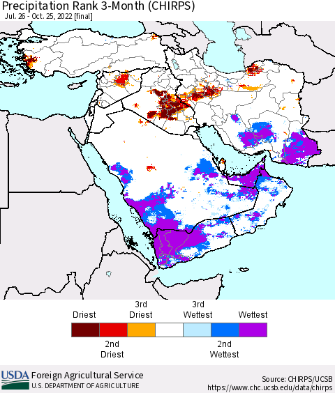 Middle East and Turkey Precipitation Rank since 1981, 3-Month (CHIRPS) Thematic Map For 7/26/2022 - 10/25/2022
