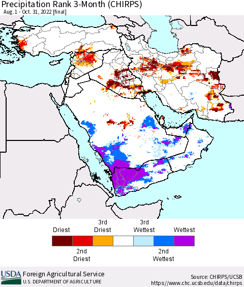 Middle East and Turkey Precipitation Rank since 1981, 3-Month (CHIRPS) Thematic Map For 8/1/2022 - 10/31/2022