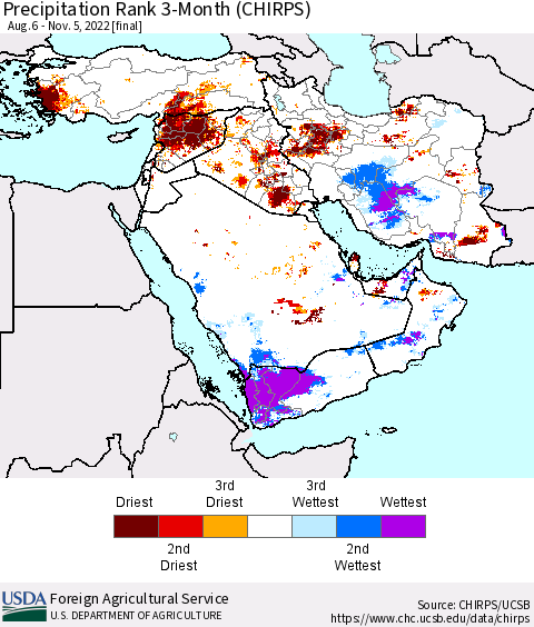 Middle East and Turkey Precipitation Rank since 1981, 3-Month (CHIRPS) Thematic Map For 8/6/2022 - 11/5/2022
