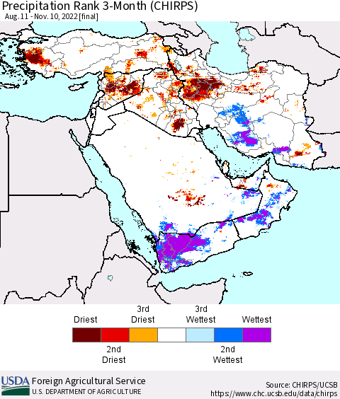 Middle East and Turkey Precipitation Rank since 1981, 3-Month (CHIRPS) Thematic Map For 8/11/2022 - 11/10/2022
