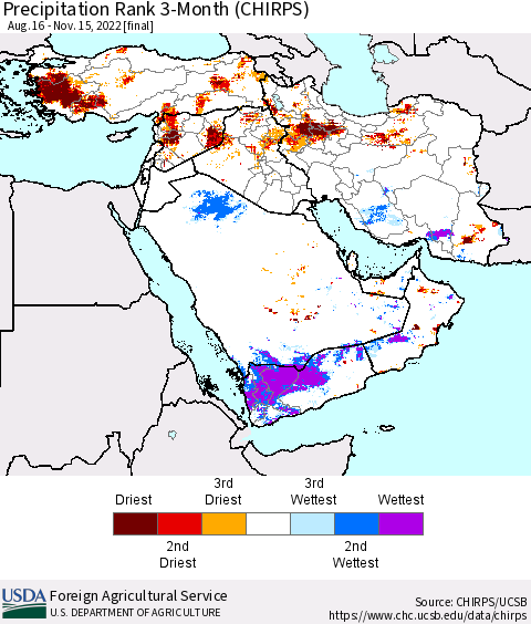 Middle East and Turkey Precipitation Rank since 1981, 3-Month (CHIRPS) Thematic Map For 8/16/2022 - 11/15/2022
