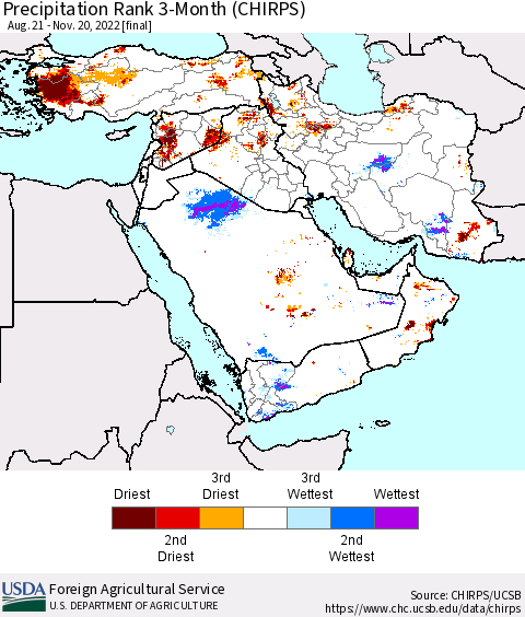 Middle East and Turkey Precipitation Rank since 1981, 3-Month (CHIRPS) Thematic Map For 8/21/2022 - 11/20/2022