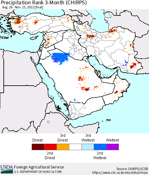Middle East and Turkey Precipitation Rank since 1981, 3-Month (CHIRPS) Thematic Map For 8/26/2022 - 11/25/2022
