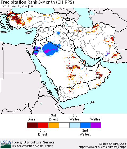 Middle East and Turkey Precipitation Rank since 1981, 3-Month (CHIRPS) Thematic Map For 9/1/2022 - 11/30/2022