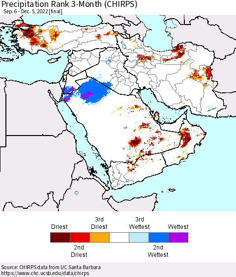Middle East and Turkey Precipitation Rank since 1981, 3-Month (CHIRPS) Thematic Map For 9/6/2022 - 12/5/2022