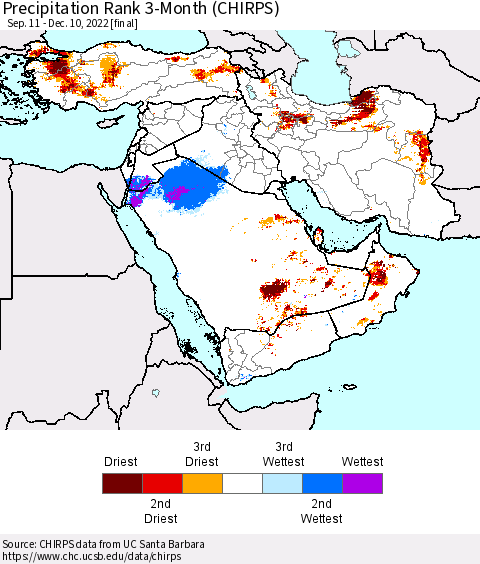 Middle East and Turkey Precipitation Rank since 1981, 3-Month (CHIRPS) Thematic Map For 9/11/2022 - 12/10/2022