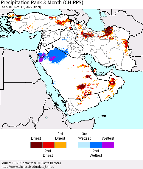 Middle East and Turkey Precipitation Rank since 1981, 3-Month (CHIRPS) Thematic Map For 9/16/2022 - 12/15/2022