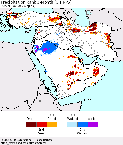 Middle East and Turkey Precipitation Rank since 1981, 3-Month (CHIRPS) Thematic Map For 9/21/2022 - 12/20/2022