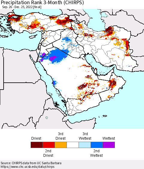 Middle East and Turkey Precipitation Rank since 1981, 3-Month (CHIRPS) Thematic Map For 9/26/2022 - 12/25/2022