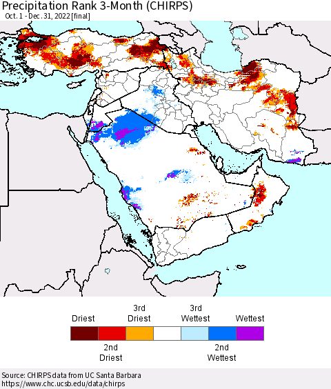 Middle East and Turkey Precipitation Rank since 1981, 3-Month (CHIRPS) Thematic Map For 10/1/2022 - 12/31/2022
