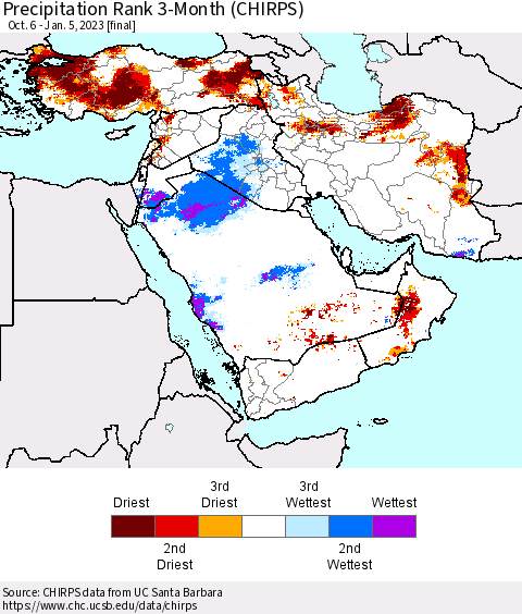 Middle East and Turkey Precipitation Rank since 1981, 3-Month (CHIRPS) Thematic Map For 10/6/2022 - 1/5/2023