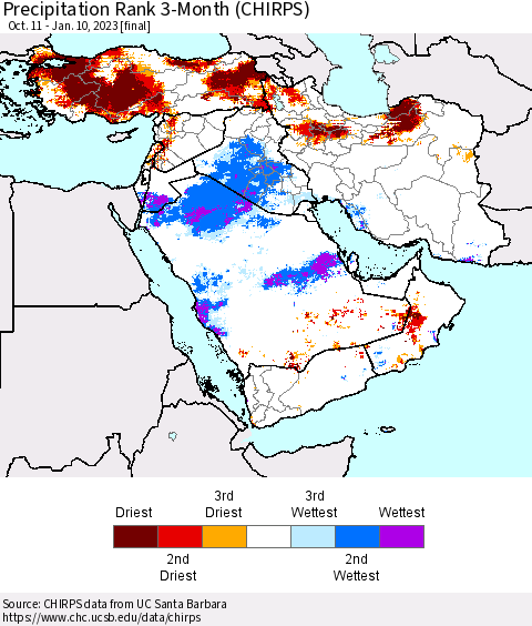 Middle East and Turkey Precipitation Rank since 1981, 3-Month (CHIRPS) Thematic Map For 10/11/2022 - 1/10/2023