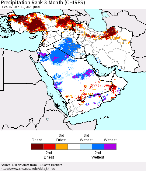 Middle East and Turkey Precipitation Rank since 1981, 3-Month (CHIRPS) Thematic Map For 10/16/2022 - 1/15/2023
