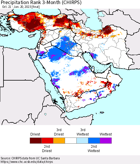 Middle East and Turkey Precipitation Rank since 1981, 3-Month (CHIRPS) Thematic Map For 10/21/2022 - 1/20/2023