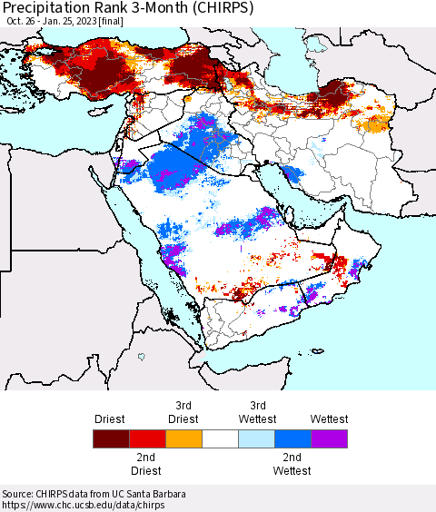 Middle East and Turkey Precipitation Rank since 1981, 3-Month (CHIRPS) Thematic Map For 10/26/2022 - 1/25/2023