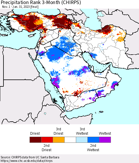 Middle East and Turkey Precipitation Rank since 1981, 3-Month (CHIRPS) Thematic Map For 11/1/2022 - 1/31/2023