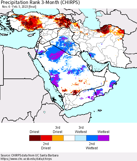 Middle East and Turkey Precipitation Rank since 1981, 3-Month (CHIRPS) Thematic Map For 11/6/2022 - 2/5/2023