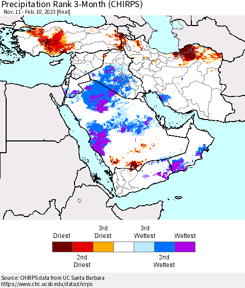 Middle East and Turkey Precipitation Rank since 1981, 3-Month (CHIRPS) Thematic Map For 11/11/2022 - 2/10/2023