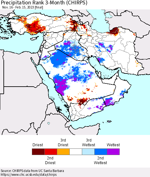 Middle East and Turkey Precipitation Rank since 1981, 3-Month (CHIRPS) Thematic Map For 11/16/2022 - 2/15/2023