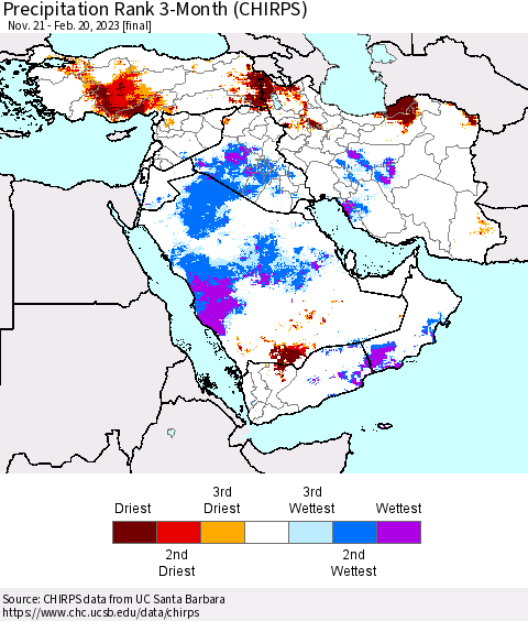 Middle East and Turkey Precipitation Rank since 1981, 3-Month (CHIRPS) Thematic Map For 11/21/2022 - 2/20/2023