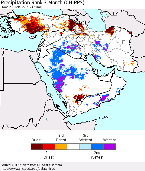 Middle East and Turkey Precipitation Rank since 1981, 3-Month (CHIRPS) Thematic Map For 11/26/2022 - 2/25/2023