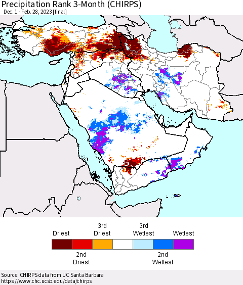 Middle East and Turkey Precipitation Rank since 1981, 3-Month (CHIRPS) Thematic Map For 12/1/2022 - 2/28/2023