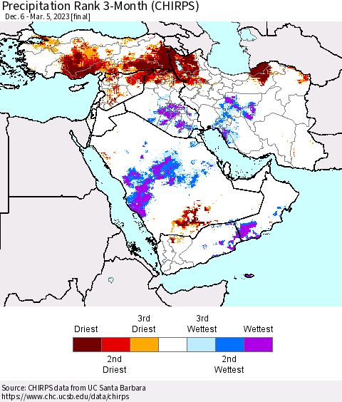 Middle East and Turkey Precipitation Rank since 1981, 3-Month (CHIRPS) Thematic Map For 12/6/2022 - 3/5/2023