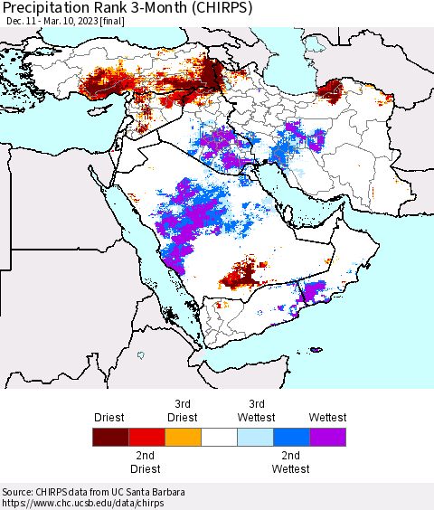 Middle East and Turkey Precipitation Rank since 1981, 3-Month (CHIRPS) Thematic Map For 12/11/2022 - 3/10/2023