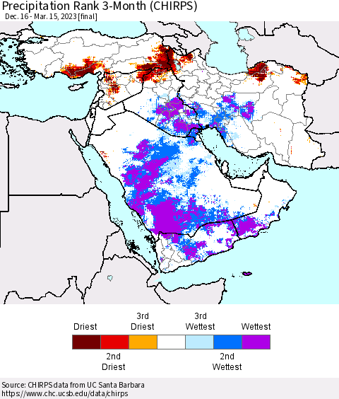 Middle East and Turkey Precipitation Rank since 1981, 3-Month (CHIRPS) Thematic Map For 12/16/2022 - 3/15/2023