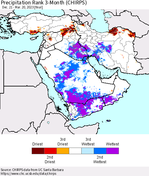 Middle East and Turkey Precipitation Rank since 1981, 3-Month (CHIRPS) Thematic Map For 12/21/2022 - 3/20/2023
