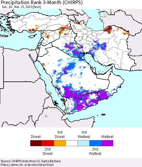 Middle East and Turkey Precipitation Rank since 1981, 3-Month (CHIRPS) Thematic Map For 12/26/2022 - 3/25/2023