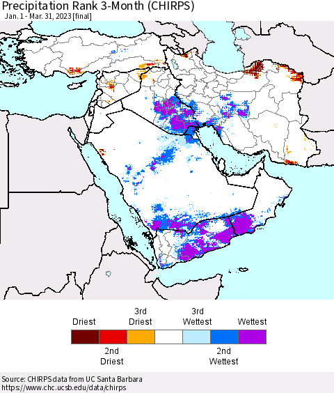 Middle East and Turkey Precipitation Rank since 1981, 3-Month (CHIRPS) Thematic Map For 1/1/2023 - 3/31/2023