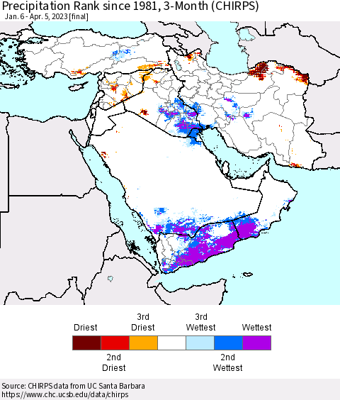 Middle East and Turkey Precipitation Rank since 1981, 3-Month (CHIRPS) Thematic Map For 1/6/2023 - 4/5/2023