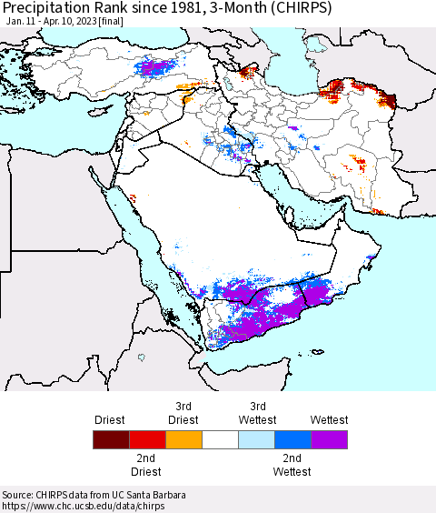 Middle East and Turkey Precipitation Rank since 1981, 3-Month (CHIRPS) Thematic Map For 1/11/2023 - 4/10/2023