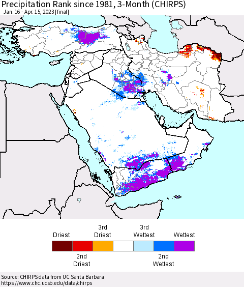 Middle East and Turkey Precipitation Rank since 1981, 3-Month (CHIRPS) Thematic Map For 1/16/2023 - 4/15/2023