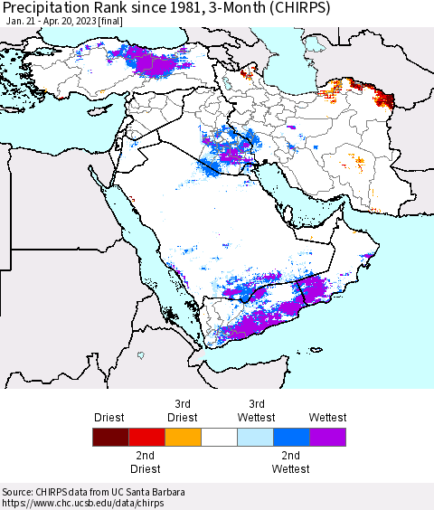 Middle East and Turkey Precipitation Rank since 1981, 3-Month (CHIRPS) Thematic Map For 1/21/2023 - 4/20/2023