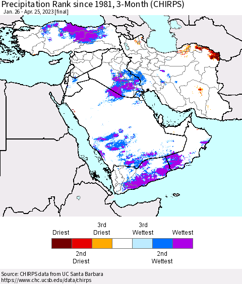 Middle East and Turkey Precipitation Rank since 1981, 3-Month (CHIRPS) Thematic Map For 1/26/2023 - 4/25/2023