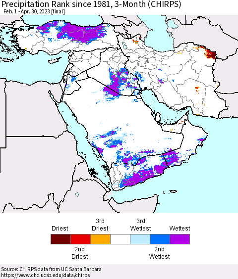 Middle East and Turkey Precipitation Rank since 1981, 3-Month (CHIRPS) Thematic Map For 2/1/2023 - 4/30/2023