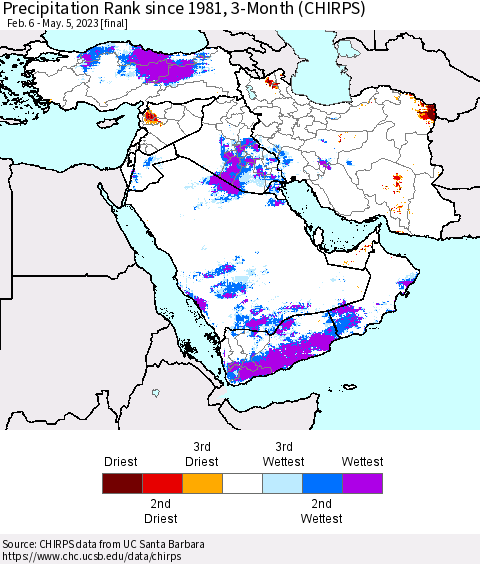 Middle East and Turkey Precipitation Rank since 1981, 3-Month (CHIRPS) Thematic Map For 2/6/2023 - 5/5/2023